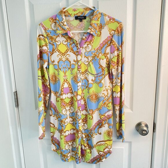 Julia by Love J Shirt Dress Womens Size Large Button Up Baroque Versailles Print - Picture 1 of 6